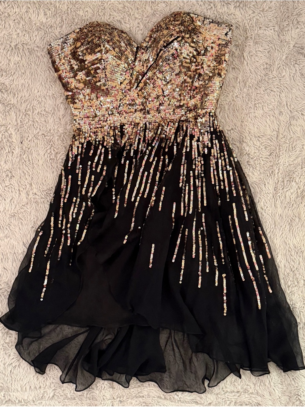 Sherry Hill Strapless Black Dress with Gold Sequin Bodice